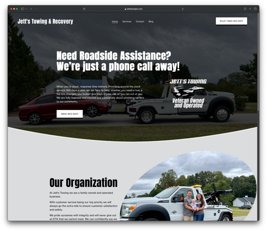 Jetts Towing and Recovery, website design by JC Webworks